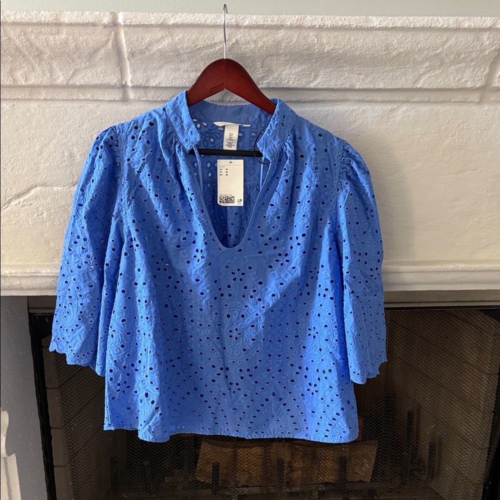 Eyelet V-Neck Blouse in Bright Blue